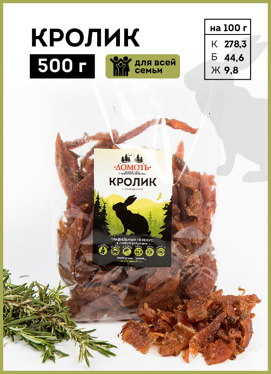 Вяленое мясо Ломоть "Кролик", 500г, 1 упаковка, без сахара и консервантов