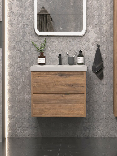 Изображение товара Тумба подвесная Vannika Rinni 50 с раковиной Moduo 50 для ванной комнаты, дуб веллингтон табак