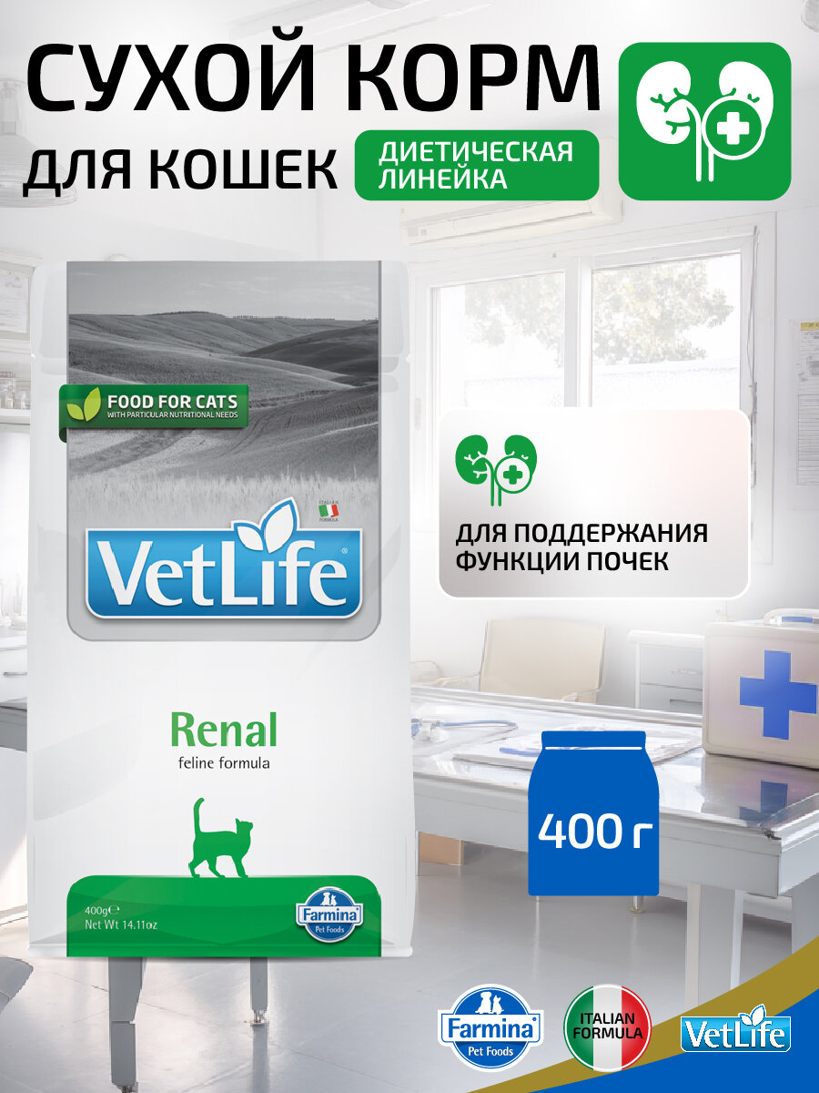 Сухой диетический корм Farmina Vet Life Renal для кошек, поддержание функции почек при почечной недостаточности, 400 г