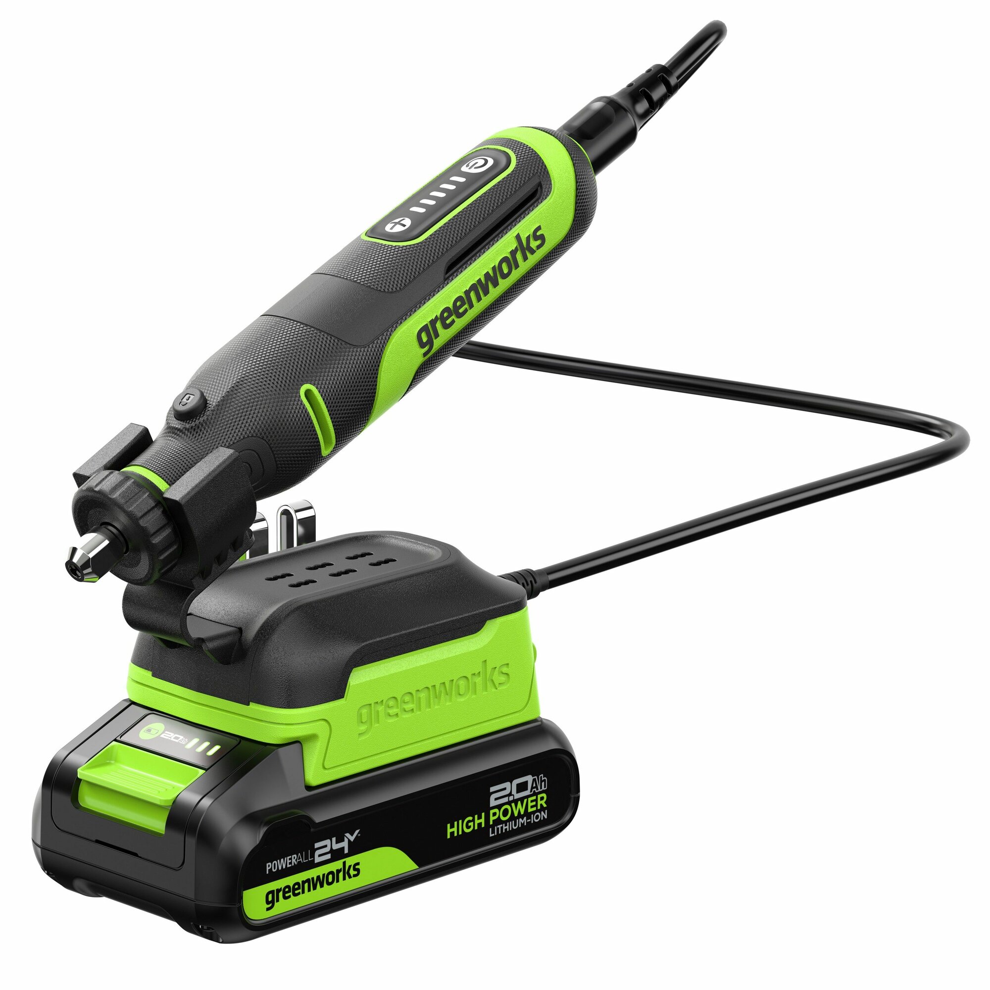 Гравёр аккумуляторный Greenworks 24V, АКБ2 Ач и ЗУ, с сумкой, зеленый — фото 1