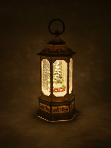 Изображение товара Снежный фонарь, 26 см, с подсветкой, вращающийся, пластик, белый, Поезд и ель, White style