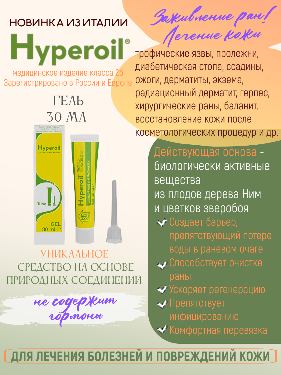 Гель Hyperoil, средство для заживления ран и лечения заболеваний кожи, 30 мл