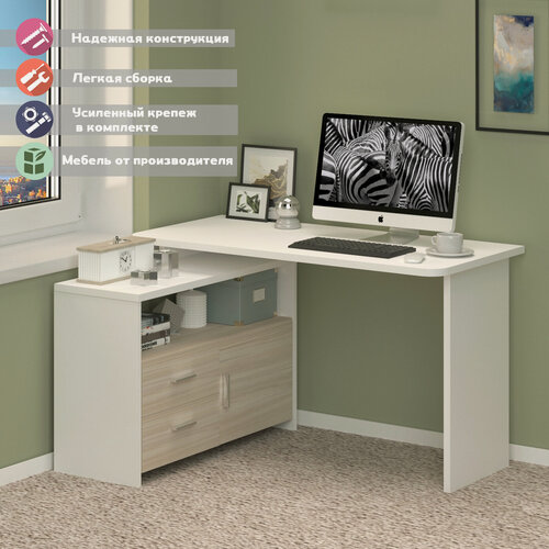 Изображение товара Стол компьютерный Мэрдэс СКЛ-Прям130Р+ТБЛ БЕК Белый/Карамель, скругленные углы, с тумбой, 130х100х77 см