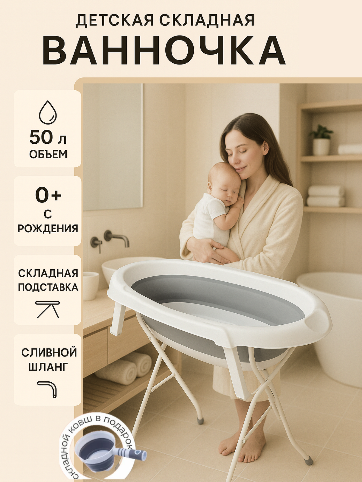 Ванночка для купания новорожденных и малышей складная, с подставкой и сливным шлангом, серая, 87х46х21 см