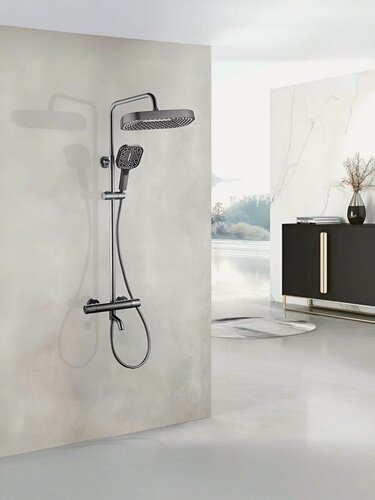 Изображение товара Душевая система (стойка) Deivon ALMAes с тропическим душем и термостатом оружейная сталь SDI-1836 латунь