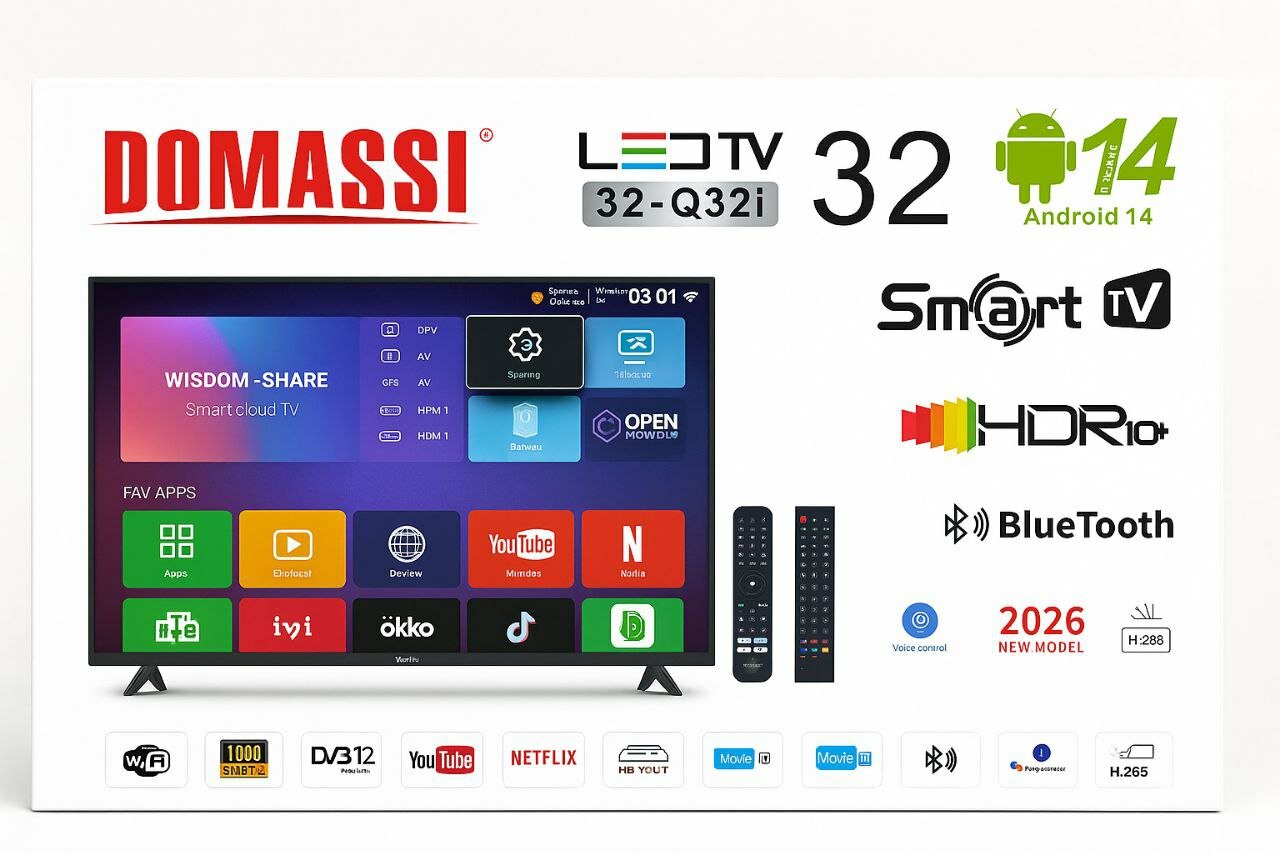 Телевизор 32 DOMASSI Q32i, Full HD, Android 14, 60Гц, диагональ 32" ITALIAN technologies