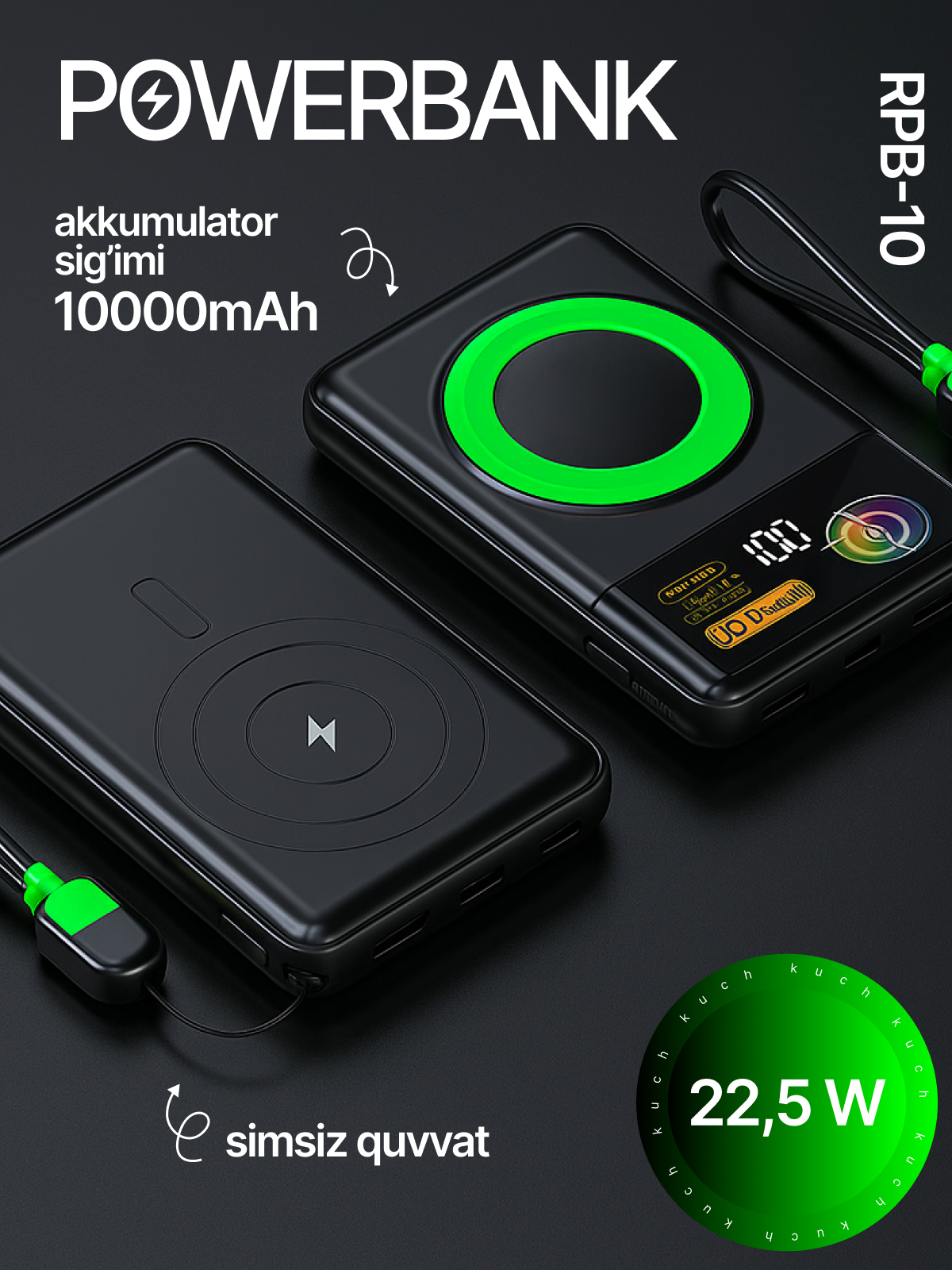 REEX RPB-10 Повербанк 10000 мАч Magsafe, беспроводная зарядка, с кабелями, USB зарядка, внешний аккумулятор