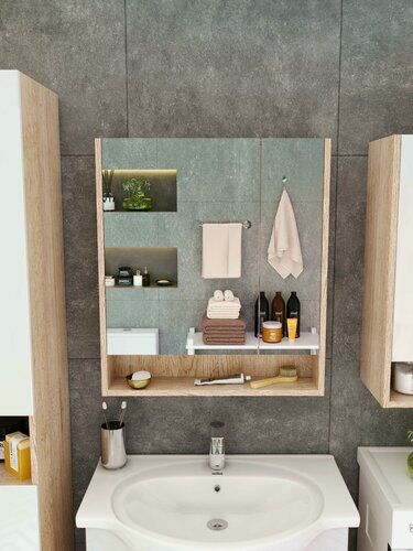 Изображение товара Зеркало в ванную с шкафом, Fauraplus Глория 60 дуб кантри, левый, влагостойкий, распашной, навесной