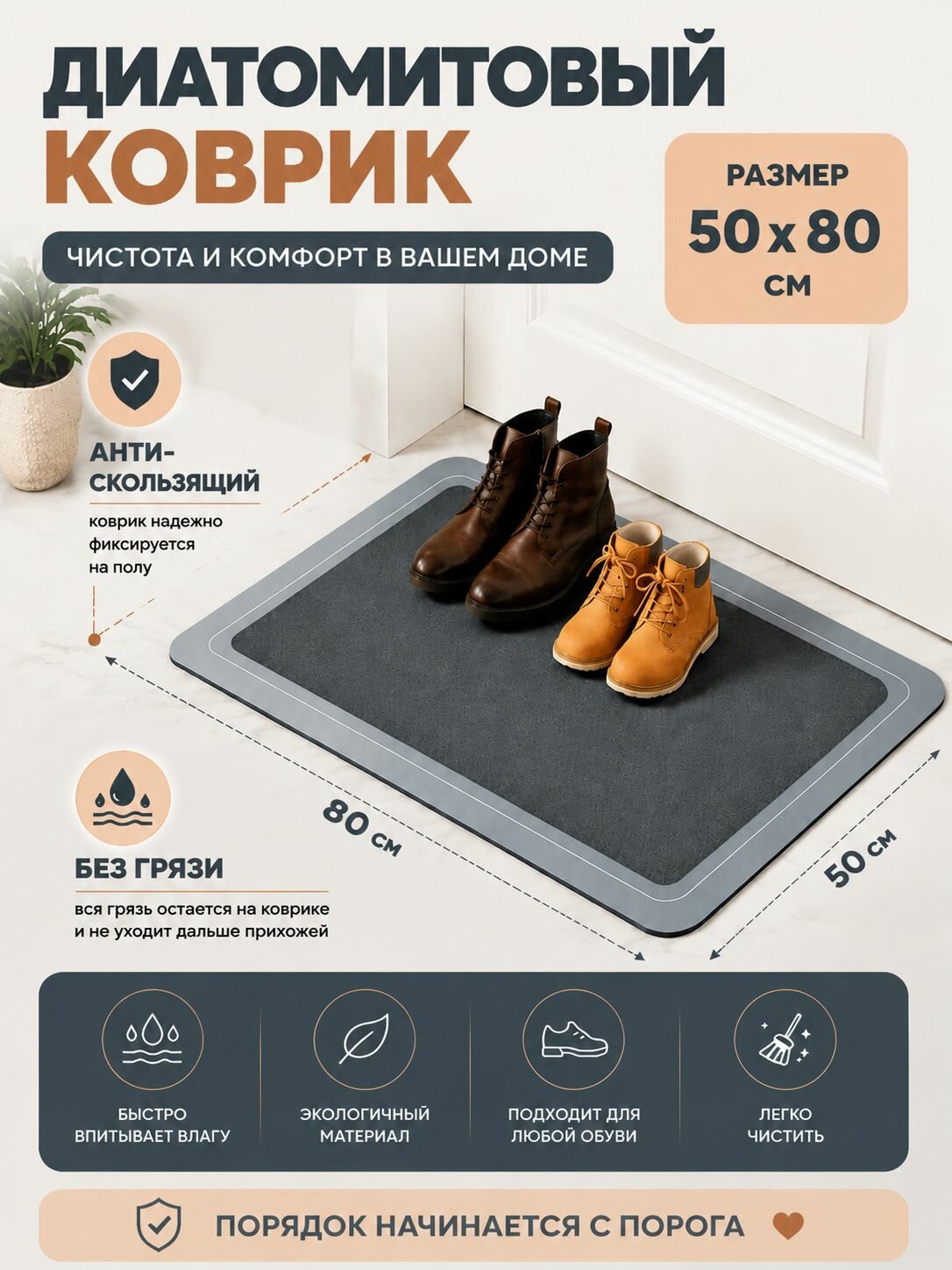 Коврик придверный 50x80 см 2 мм без рисунка серый
