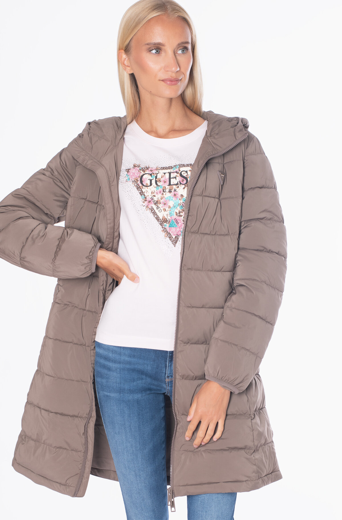 Куртка GUESS , NEW ALETA LONG PUFFER JACKET, размер L, коричневый — фото 1