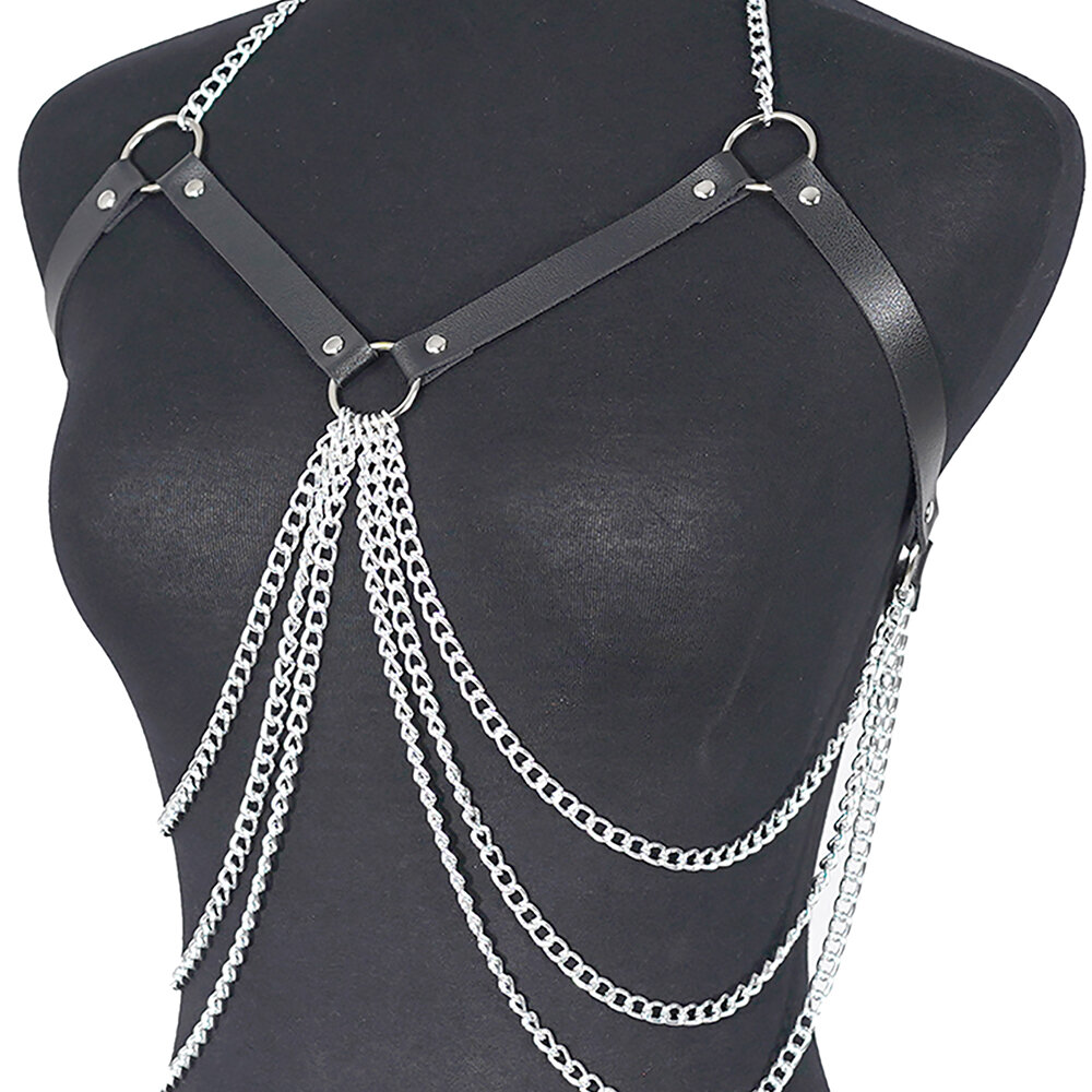 Портупея, женская, на бедра и грудь, с цепями, черный, искусственная кожа