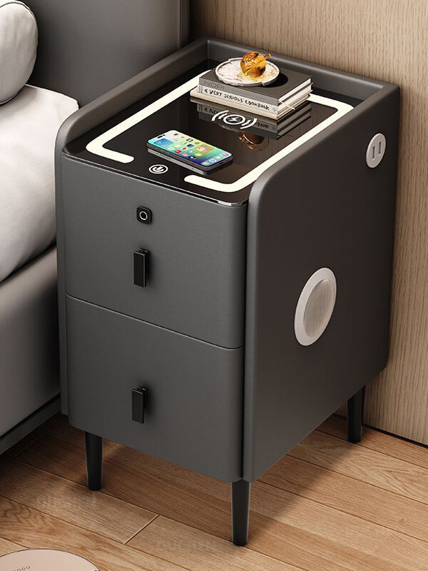 Умная прикроватная тумбочка из массива дерева, беспроводная зарядка + трехцветная подсветка + блокировка отпечатков пальцев + USB-интерфейс + аудио Bluetooth