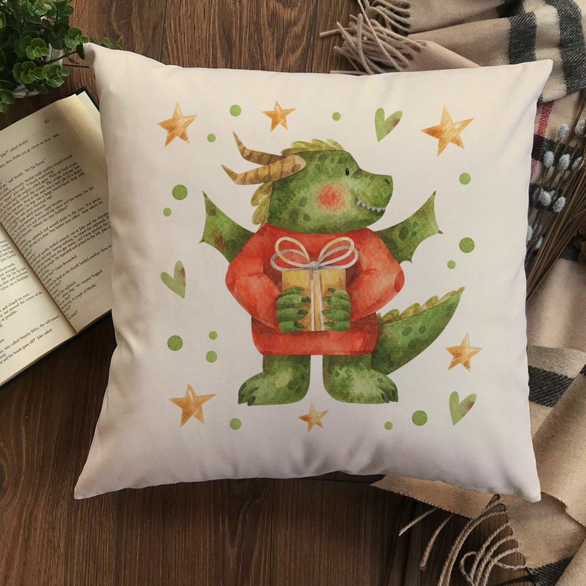 Наволочка для декоративной подушки Gerasim "Дракоша с подарочком", 41х41 см, эко-ткань хлопок/полиэфир, Новый год