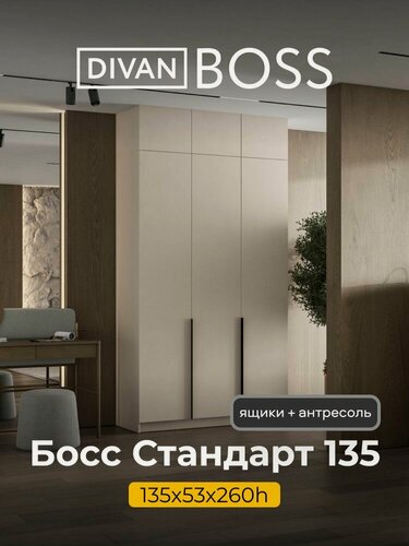 Изображение товара Шкаф распашной, BOSS STANDART, 135х53х260 см, 3х дверный с ящиками и антресолью, кашемир