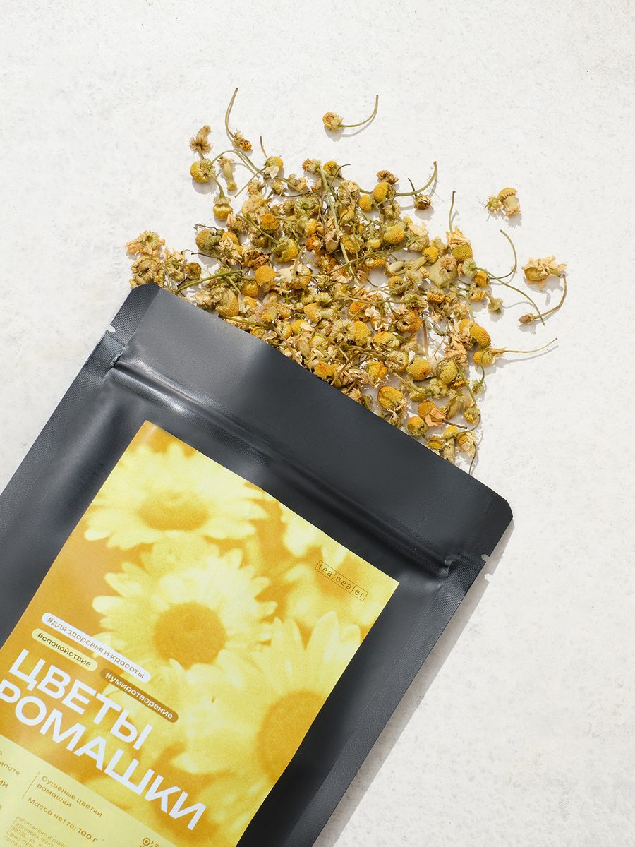 Изображение Чай Ромашка Сушеные Бутоны и Цветки 100 г. Tea Dealer, Рассыпной, Травяной, (Успокаивающий, Подходит Для Детей, Подарочный)