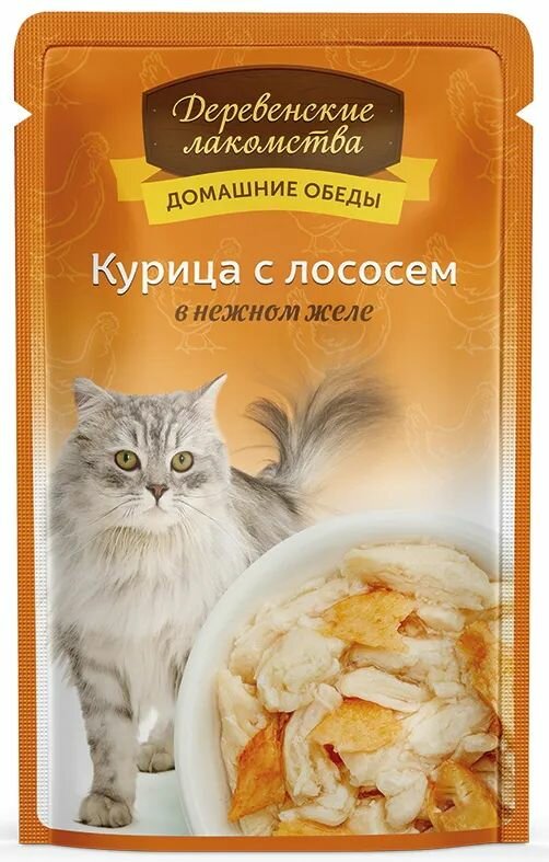 Деревенские лакомства пауч для кошек Курица с лососем в желе 70г