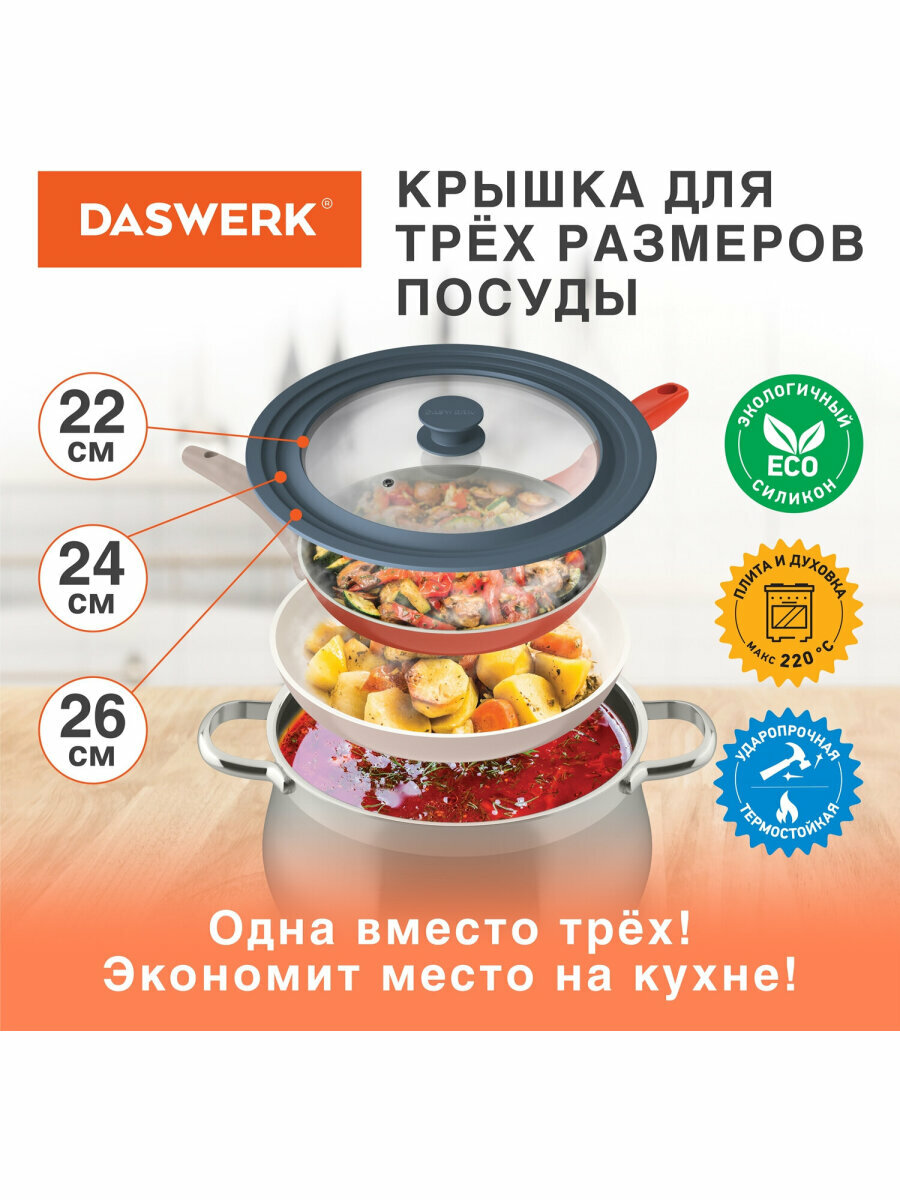 Крышка для любой сковороды и кастрюли универсальная 3 размера (22-24-26см) антрацит, DASWERK (Дасверк), 607586 — фото 1