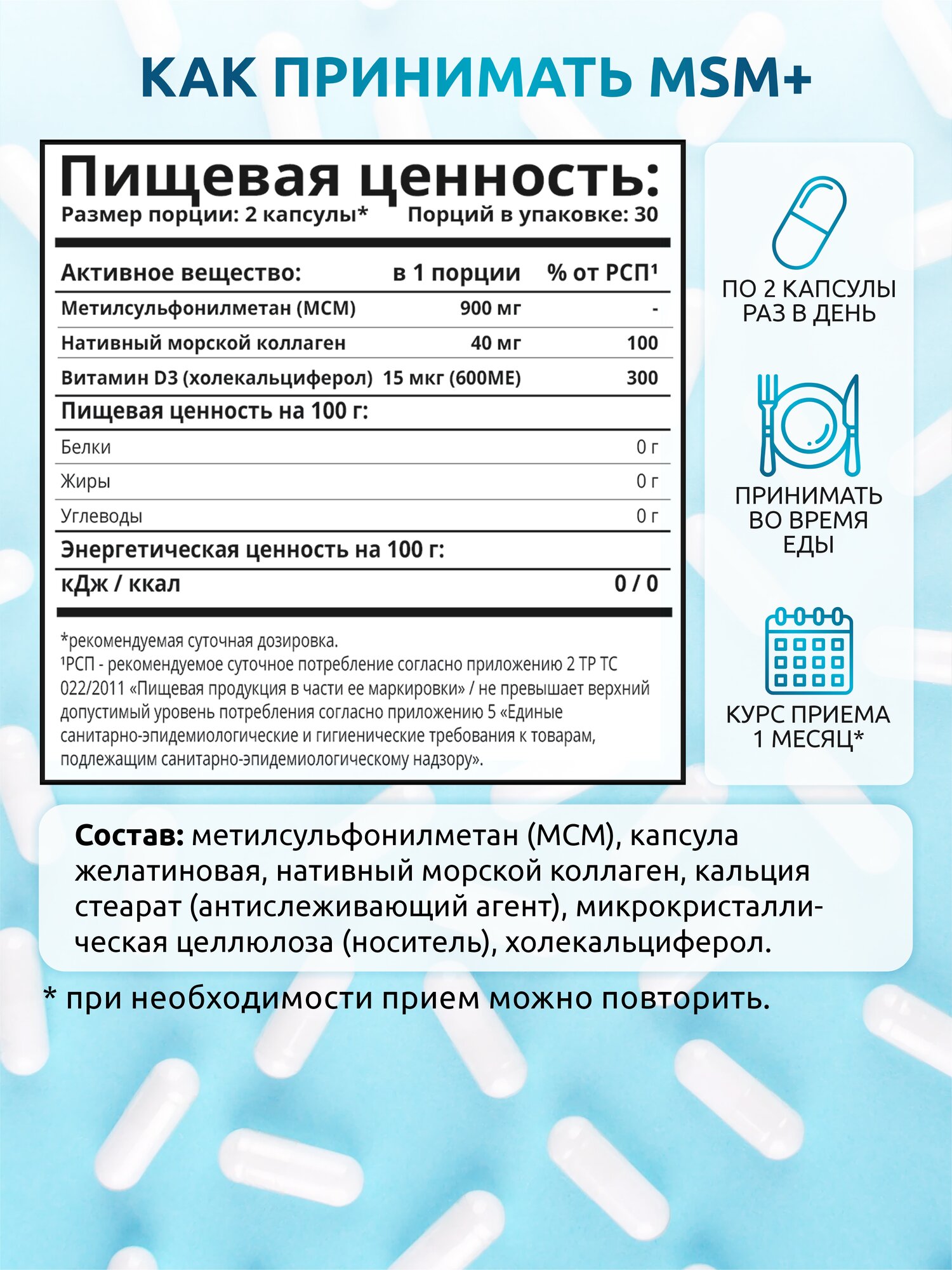 МСМ+ 900 мг Метилсульфонилметан, БАД для связок и суставов, 60 капсул — фото 1
