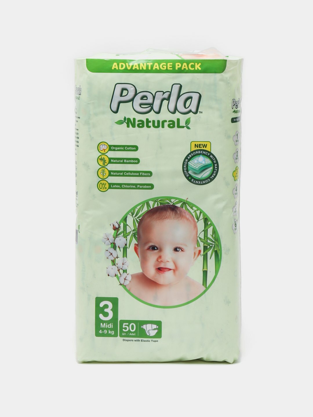 Подгузники Perla Natural с липучками, 3 размер, 50 штук, 4-9 кг.