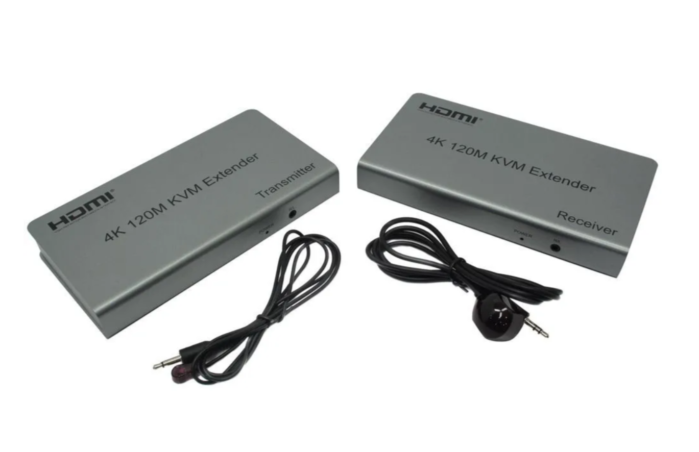 Hdmi kvm extender 4K 120метр удлинитель экстендер через кабеля rj45, серый . Usb, rj45, hdmi порты