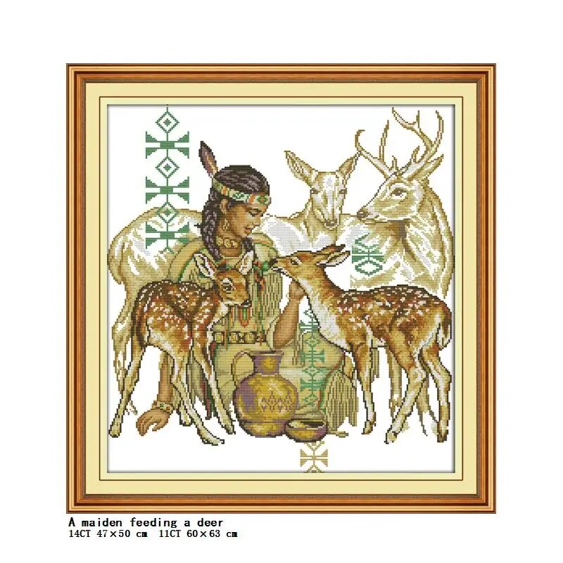 Набор для вышивки Joy Sunday «Индейцы и животные», 14CT Unprinted, Изумрудный