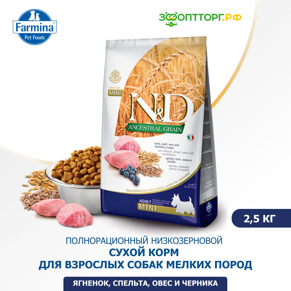 Сухой корм Farmina N&D Low Grain Dog Lamb&Blueberry Adult Mini для взрослых собак мини пород Ягненок и черника 25 кг.