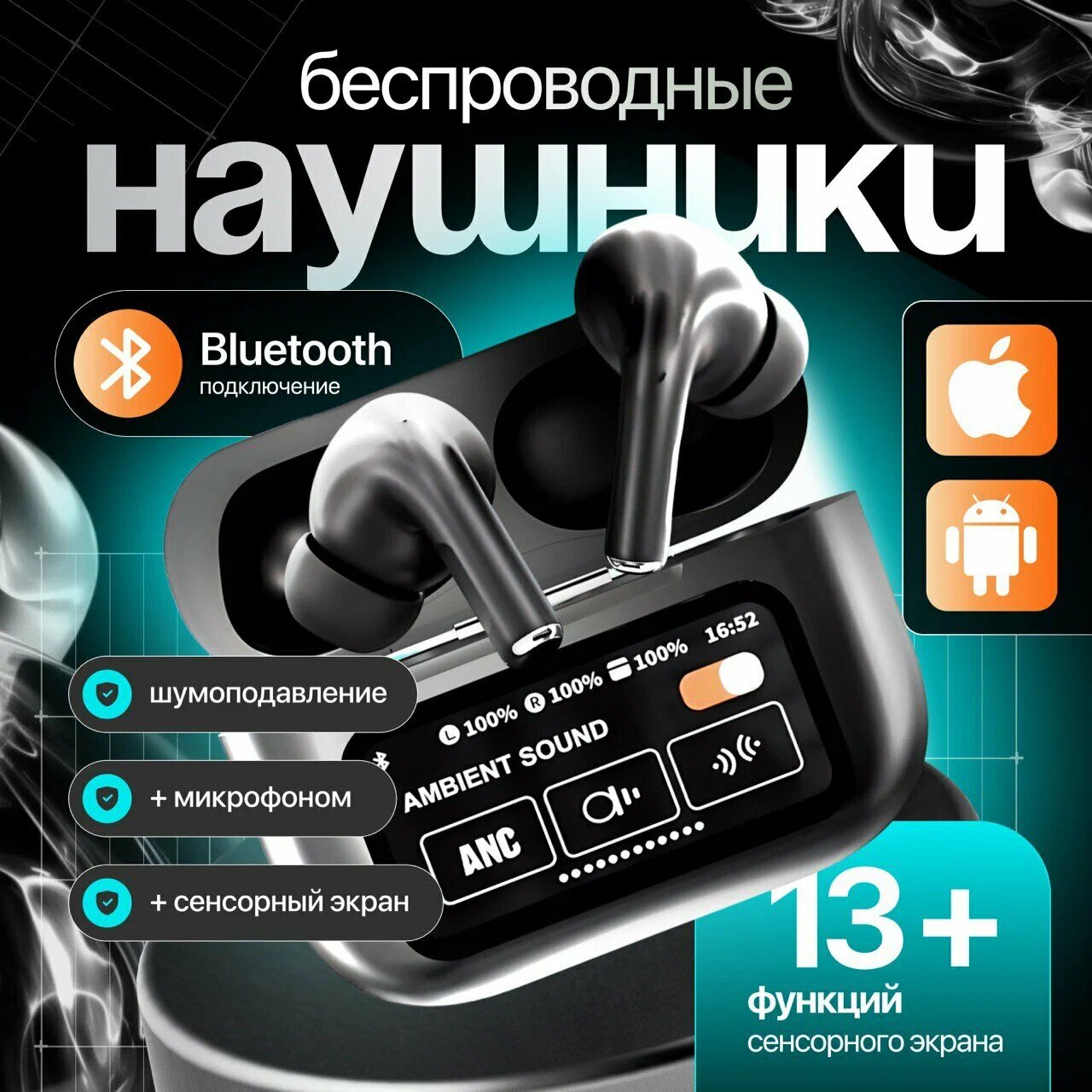 Наушники Apods Pro 2, беспроводные, шумоподавление, с LED дисплеем, черные