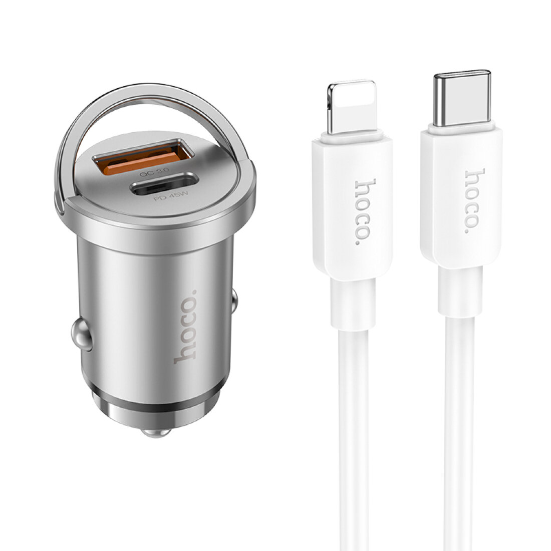 Автомобильное зарядное устройство, 1 USB QC3.0+1 PD 45W (NZ10), HOCO, кабель Type-C to Lightning, серебряный — фото 1