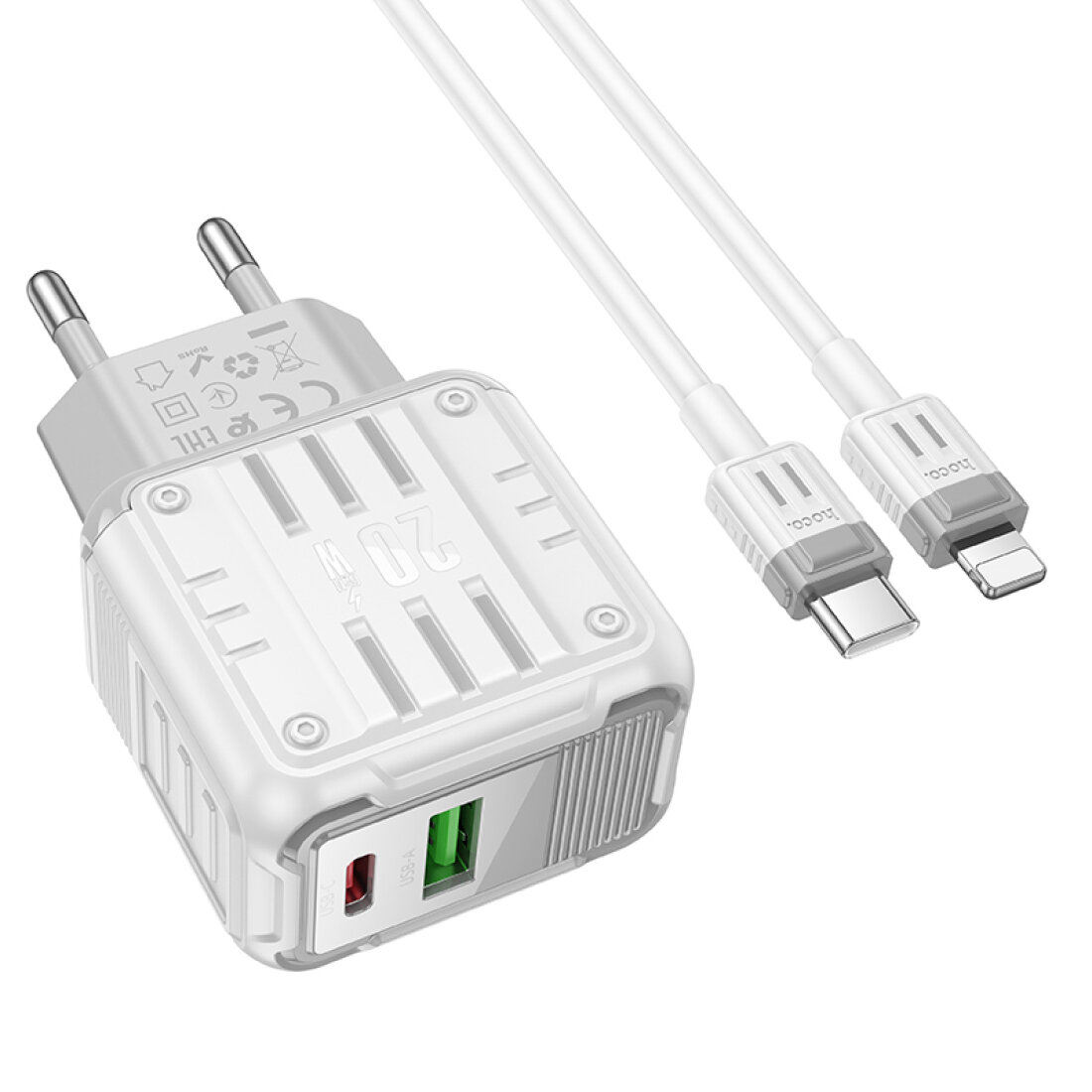Сетевое зарядное устройство, 1 PD 20W + 1 USB 3.0 QC (C135A), HOCO, Type-C to Lightning, белый — фото 1