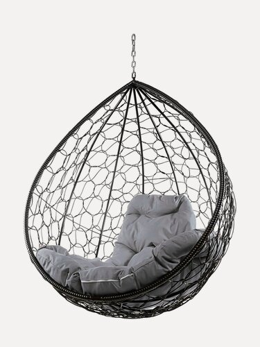 Изображение товара Подвесное кресло капля (без стойки), с ротангом черное, серая подушка