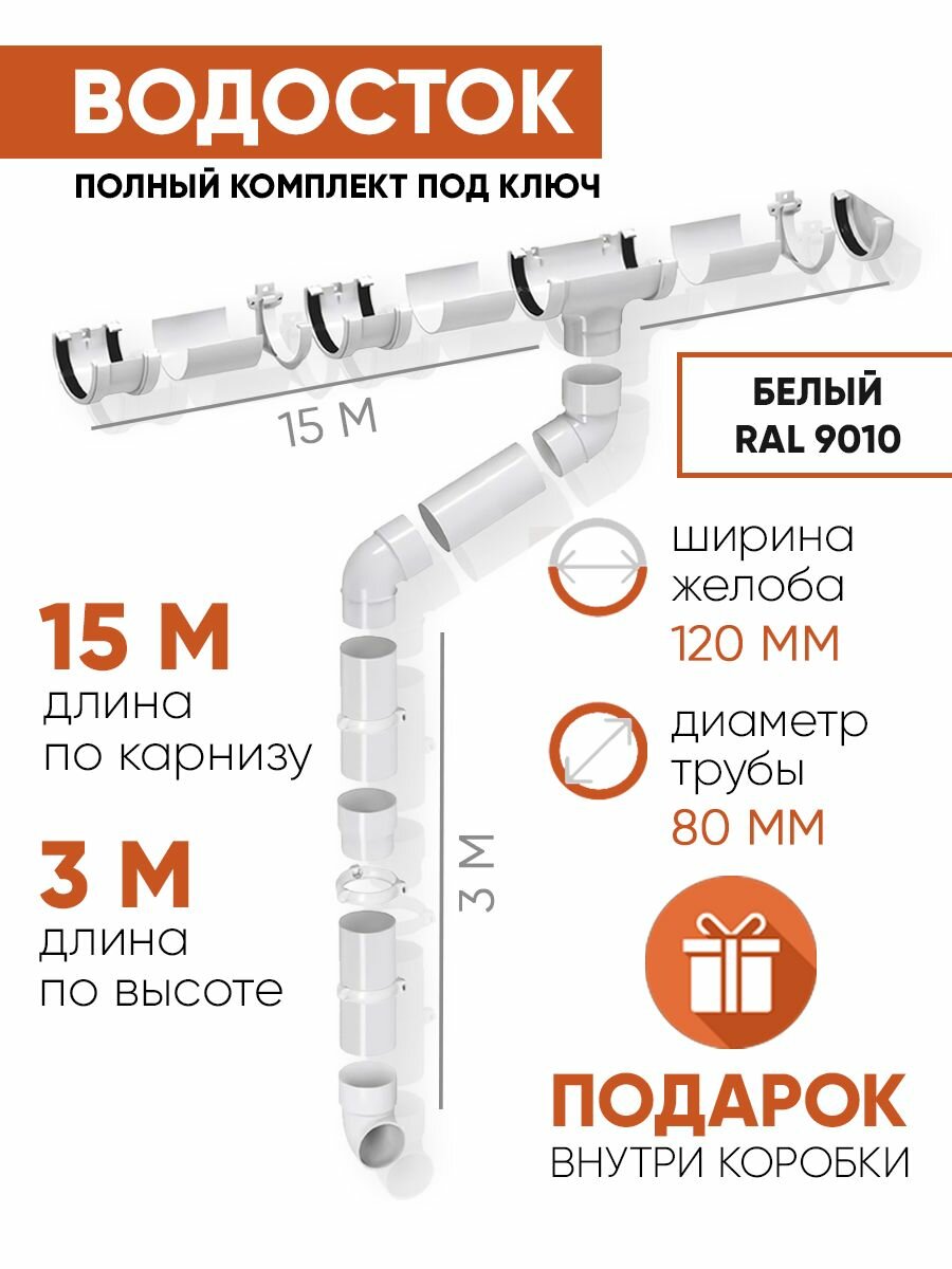 Водосточная система для крыши 15 м/3 м RAL 9010 цвет белый водосток комплект