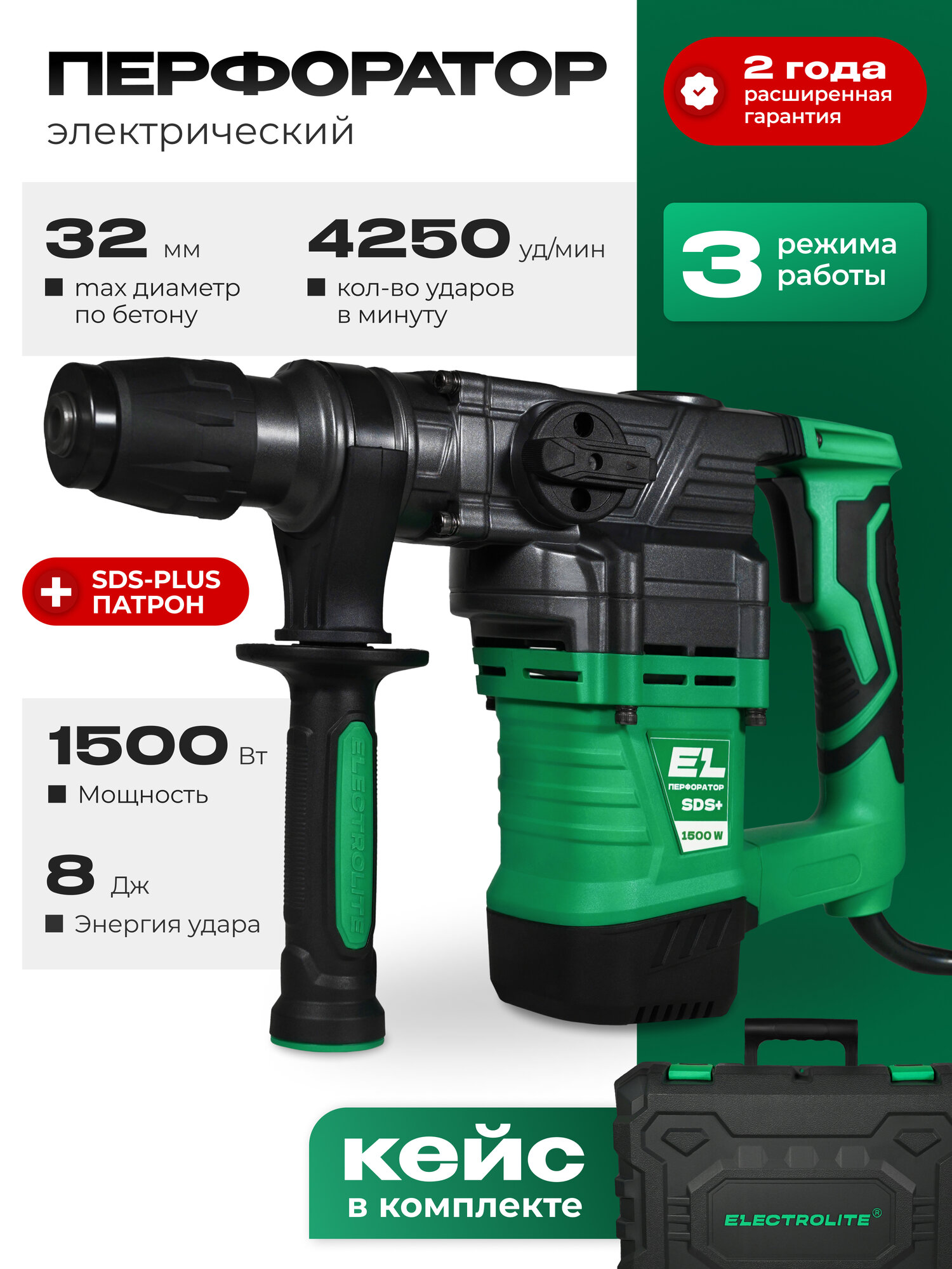 Перфоратор ELECTROLITE П 1500 SDS+ ( 1500Вт SDS+ 8Дж 3 режима работы )
