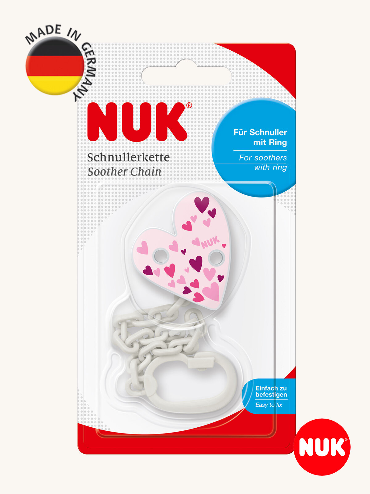 Клипса (держатель) для соски-пустышки с цепочкой, розовое сердце 0+ — фото 1