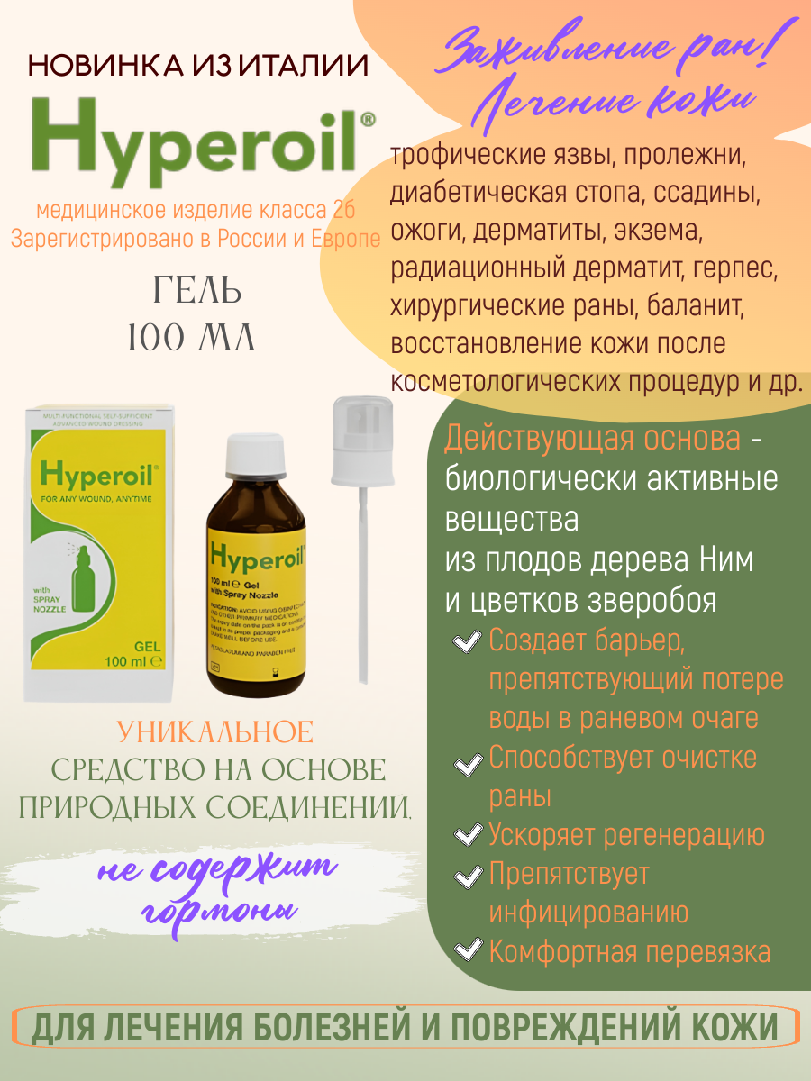 Гель Hyperoil средство для заживления ран и лечения заболеваний кожи 100 мл