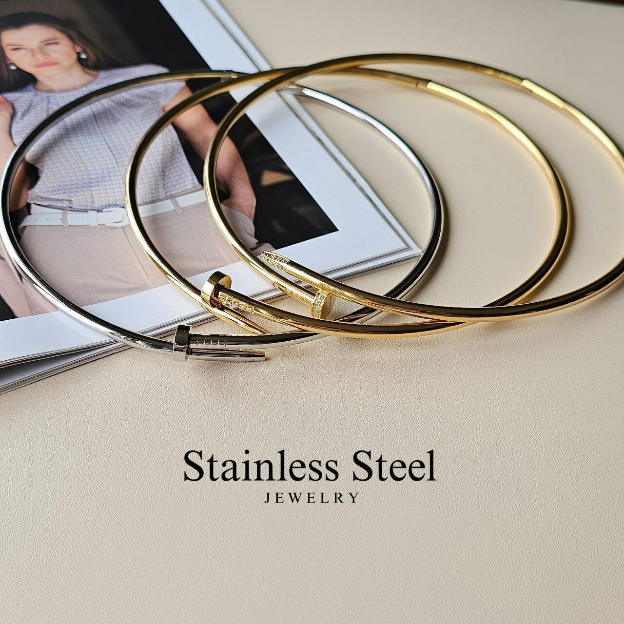 Бусы Stainless steel, 2 шт., длина 40 см, FJ5003NTU золотистый — фото 1
