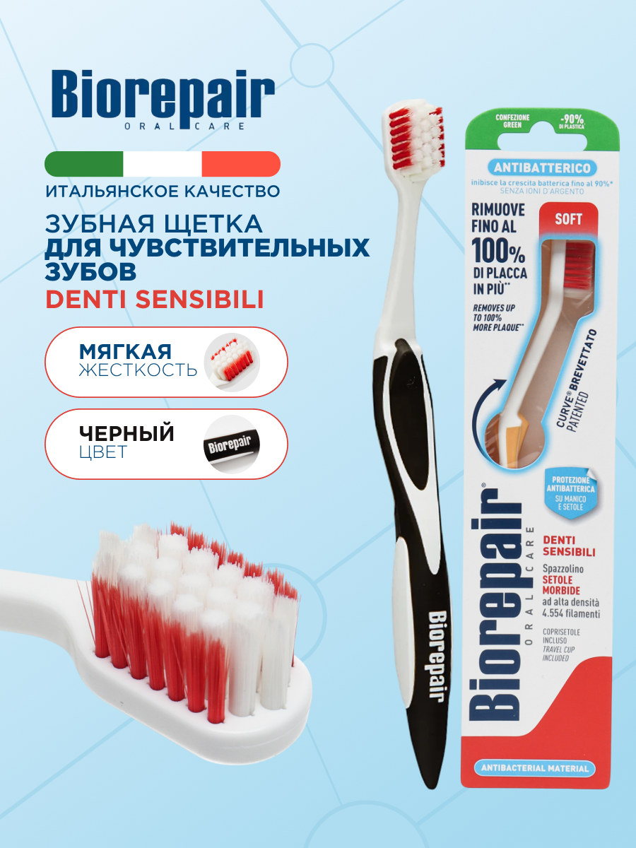 Зубная щетка Biorepair CURVE Denti Sensibili мягкая, для чувствительных зубов, черная