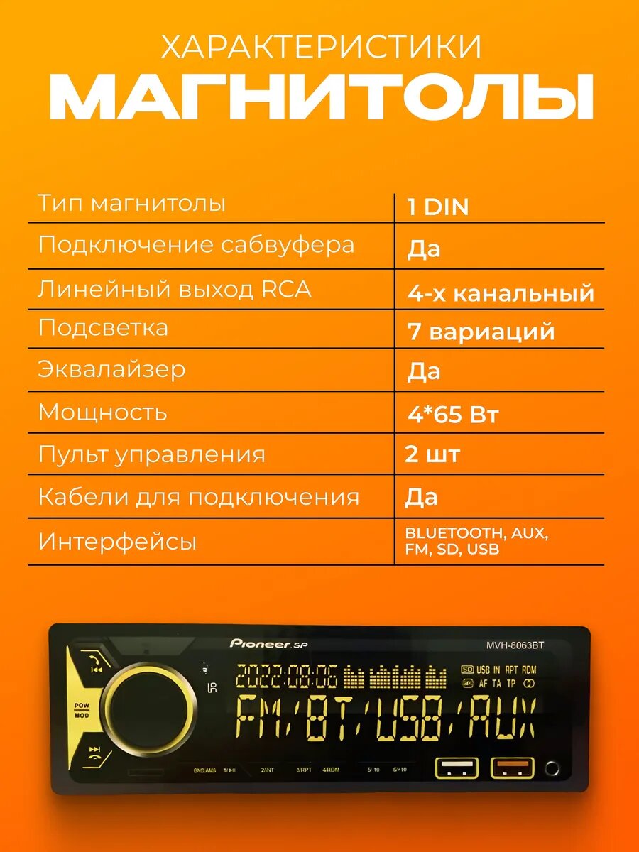 Автомагнитола Pioneer DEH-SP8063BT, FM/AM/DAB/LPD, 25 Вт, USB, черный — фото 1