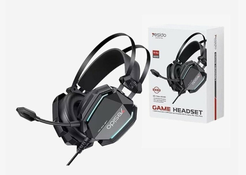 Наушники-гарнитура Yesido EK03, RGB, USB + Mini Jack 3,5, проводные, игровые