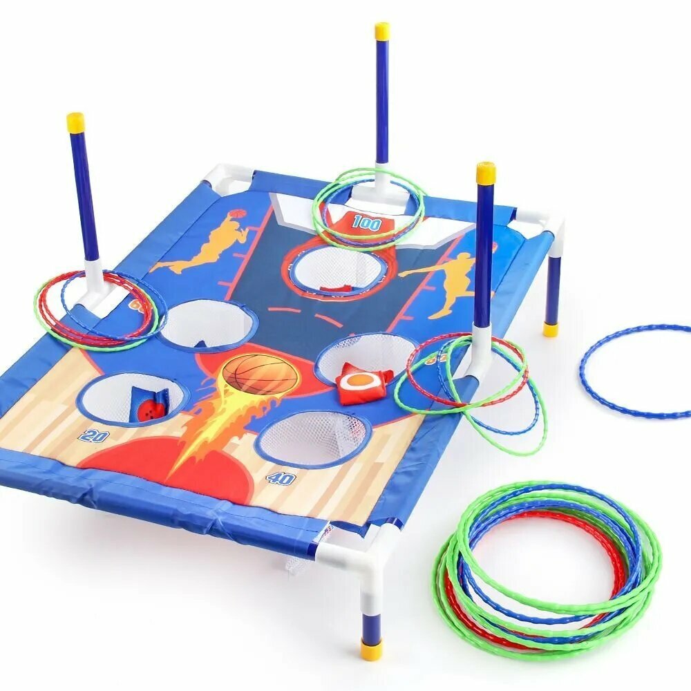 Набор для подвижных коллективных игр на ловкость и меткость. Уличная переносная складная игровая площадка для детей от 3 лет: детский баскетбол и кольцеброс. В сумке для переноски