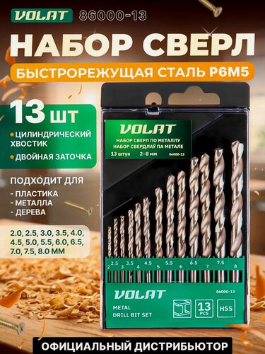 Изображение товара Набор сверл по металлу 13 штук 2-8мм волат HSS, цилиндрический хвостовик (86000-13)