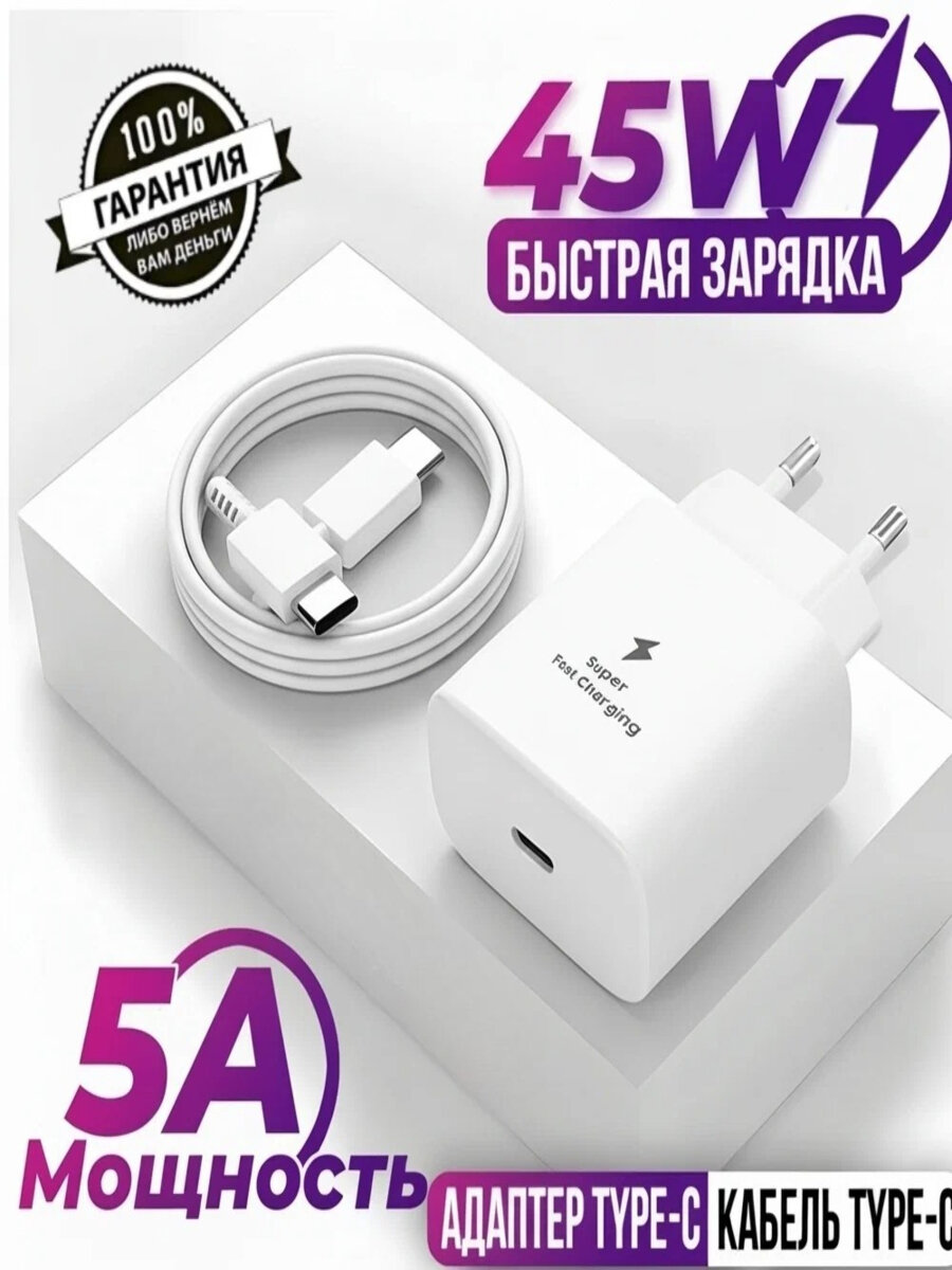 Блок питания сетевой адаптер с проводом 5А Для Android/iphone/Xiaomi/Samsung 45W PD Power Adapter USB-C белый