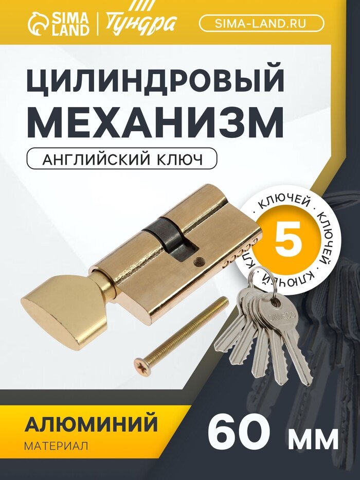 Цилиндровый механизм 60 мм с вертушкой английский ключ 5 ключей цвет золото