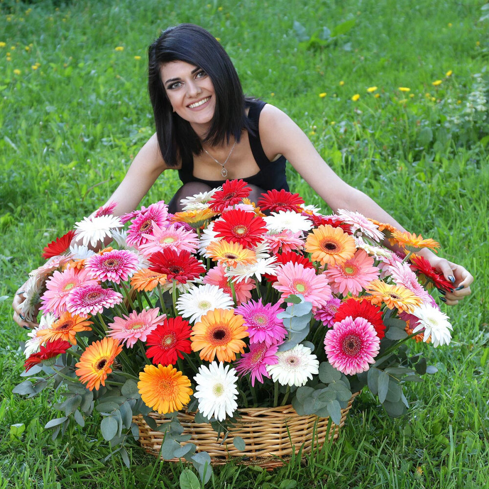Букет из гербер в плетёной корзине 101 цветок высота 55 см
