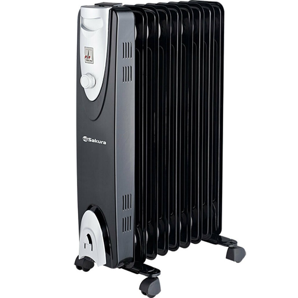 Масляный радиатор «sakura sa-0379b» — 2000 вт 9 секций черный с серебром теплоотдача удобная ручка и колесики