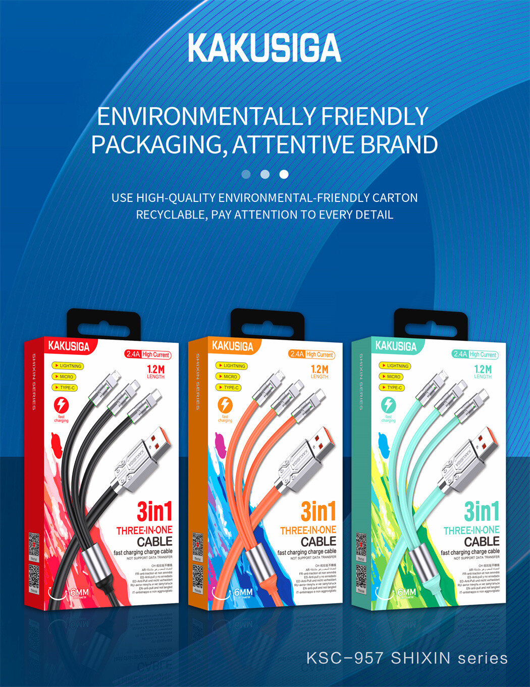 USB-кабель Kakusiga 3-в-1 2,4 А (Lightning / Micro / Type-C), 1,2 метра — фото 1