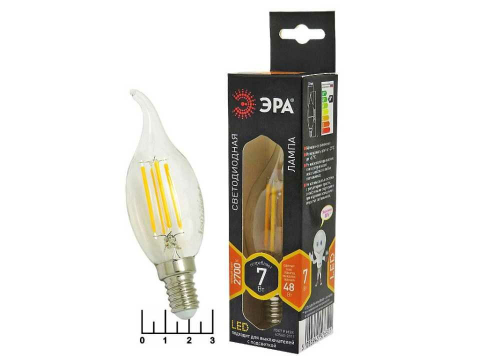 Лампа светодиодная 220V 7W E14 2700K белый теплый свеча на ветру прозрачная филаментная Эра