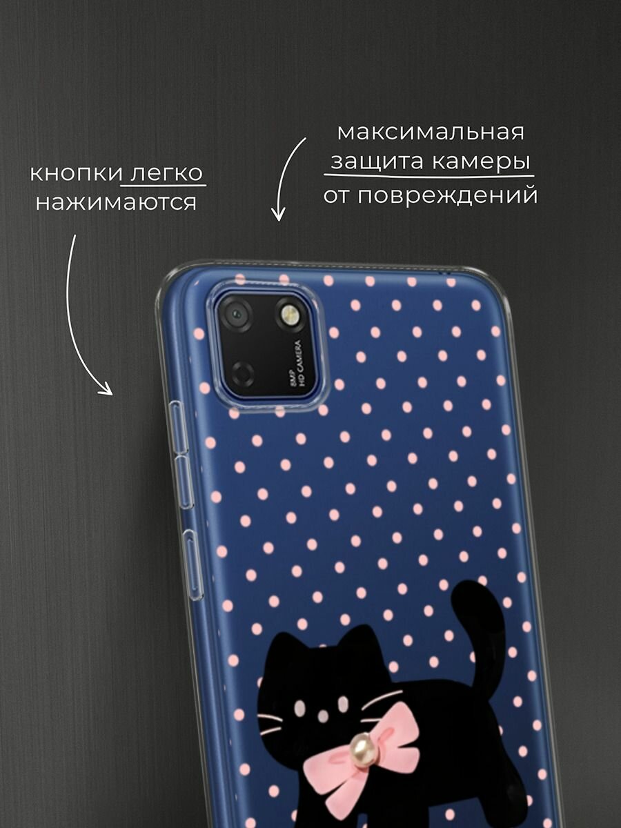 Чехол на Honor 9S/Huawei Y5p / Хонор 9S/Хуавей Y5p с принтом Черный котик с бантом, прозрачный — фото 1