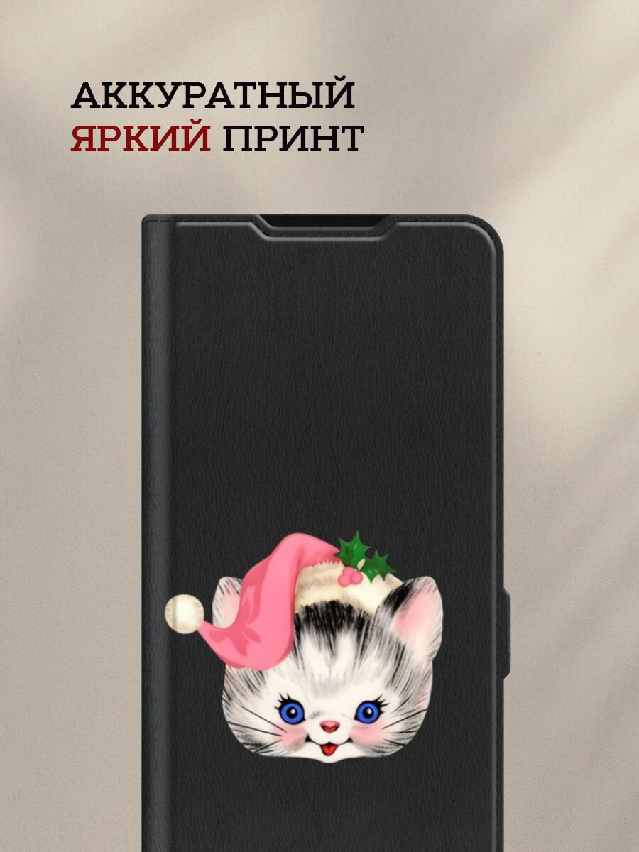 Чехол-книжка на Samsung Galaxy A17 / Самсунг А17 с рисунком Котик в шапке, черный — фото 1