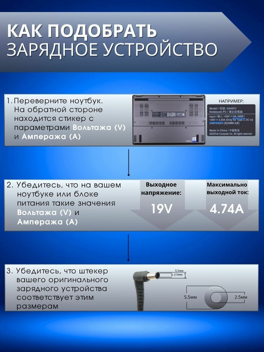 Блок питания Asus 5.5x2.5мм, 90W (19V, 4.74A) — фото 1