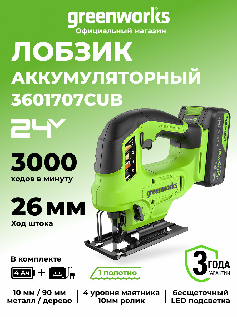 Лобзик Greenworks GD24JS90 24V б/щет LED1х4Ач ЗУ 3601707CUB
